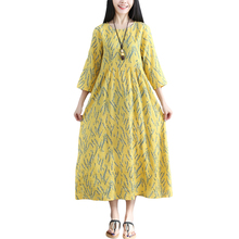 Платье женское, длинное, из хлопка и льна, с рукавом три четверти, в этническом стиле, Q371 2024 - купить недорого