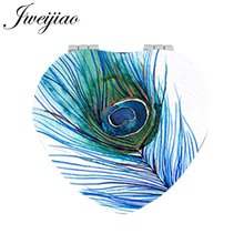 JWEIJIAO Peacock Feather Heart Leather Pocket Mirror Mini Compact Vanity mirror Folding 1X/2X Magnifying Makeup Mirrors Gifts 2024 - buy cheap