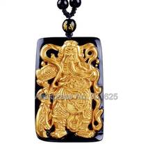 Chinese Natural Black Obsidian Hand Carved 18 Gold Carved GuanGong Lucky Amulet Pendant + Beads Necklace fashion Jewelry 2024 - buy cheap