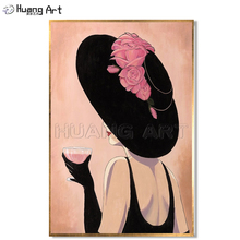 Pintura al óleo sobre lienzo de mujer moderna, elegante, pintada a mano, con sombrero negro, hecha a mano 2024 - compra barato