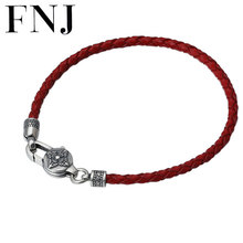 Fnj-pulseira de couro preto e vermelho, bracelete 925 de prata, prata pura, s925, tailandesa, para mulheres e homens, joias, cruz 2024 - compre barato