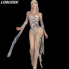 3D Pattern Sexy Nude Color Stretch Bodysuit Crystals Gold Tassels Jumpsuit DJ Jazz Dance Performance Leotard Stage Wear Costume 2024 - buy cheap