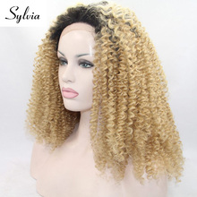 Sylvia Brown to Blonde 2T Ombre Curly Synthetic Lace Front Wigs Dark Roots Natural Glueless Heat Resistant Fiber Hair for Woman 2024 - buy cheap