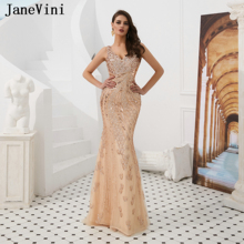 JaneVini Shiny Sequins V Neck Mermaid Long Evening Dresses 2019 Sleeveless Luxury Beaded Formal Prom Gowns for Women Longue Robe 2024 - buy cheap