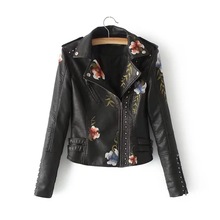 Pu Motorcycle  Punk Style Faux Soft Leather Jacket Women Embroidery Floral Faux Leather Jacket Epaulet Zipper 2024 - buy cheap