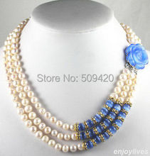 Collar con broche de flor Rosa ópalo azul, Perla blanca Real de 8-9mm, 3 filas, Envío Gratis 2024 - compra barato