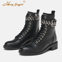 Motorcycle Boots Ankle Ladies Shoes Female Luxury Fashion Brand Rivets Lace-Up 2021 Autumn Plush Dress Party Street Size 44 39 2024 - buy cheap