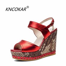 KNCOKAR  Summer new real leather upper and outer leather high wedge and waterproof platform sandals34-39 2024 - buy cheap