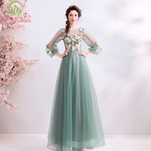 SSYFashion New Banquet Elegant Evening Dress Long Sleeves Fresh Green Lace Embroidery Flower Formal Party Gowns Robe De Soiree 2024 - buy cheap