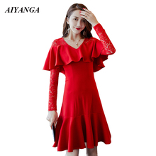 Women Patchwork Lace Dress For Women 2018 Autumn Long Sleeve A-Line Dress Slim Elegant Ladies Red Dresses Female S/M/L/XL 2024 - buy cheap