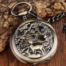 Bronze Deer Flowers Case Mechanical Pocket Watch Men Retro Big Dial Hand Wind Watch Skeleton Steampunk Reloj de bolsillo Cadena 2024 - buy cheap