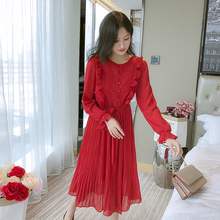 Korean Fashion Ladies Dress Tops Spring 2019 New Temperament Polka Dots Pleated Dress Ruffled Long Sleeve Chiffon Dress 2024 - buy cheap