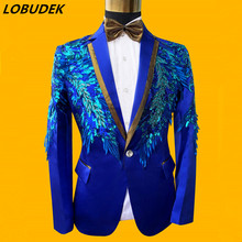 Formal Men's Blue Sequins Suit Male Singer Chorus Performance Blazers Pants Set Evening Party Stage Host Costume Wedding Suits 2024 - buy cheap