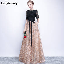 Ladybeauty Vintage Black A-Line Lace Long Evening Dresses Half Sleeves Beaded scoop neck long appliques evening dress prom dress 2024 - buy cheap