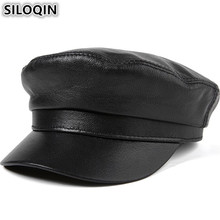 SILOQIN High Quality Flat Cap For Men Women Genuine Leather Hat Sheepskin Army Military Hats Autumn Winter Brands Leather Caps 2024 - buy cheap