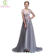 SSYFashion New Evening Dress The Bride Banquet Elegant Grey with Pink Flower V-neck Long Prom Party Formal Gown Robe De Soiree 2024 - buy cheap