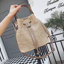 LJL New Drawstring Women's Straw Bucket Bag Summer Woven Shoulder Bags Shopping Purse Beach Handbag Straw Handbags Travel Bag 2024 - buy cheap