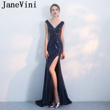 JaneVini 2019 Shiny Navy Blue Sequins Mermaid Mother of the Bride Dresses Sexy Deep V Neck High Split Women Formal Evening Gowns 2024 - buy cheap