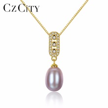 Czcity colar de pérola e prata, feminino, 3 cores, água doce natural, 8-9mm, pérola, zircônia cúbica, pingentes, joia 2024 - compre barato