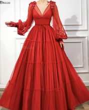 Vermelho muçulmano vestidos de noite 2021 a linha mangas compridas com decote em v tule islâmico dubai arábia saudita formal vestido de noite longo baile 2024 - compre barato