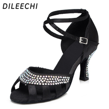 DILEECHI Flesh Black Satin Rhinestones Female Latin dance shoes Ballroom dancing shoes sneakers for womens 7.5cm heel 2024 - buy cheap