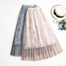 Летняя юбка-пачка с цветочной вышивкой, кружевная сетчатая юбка, женская элегантная Тюлевая длинная Плиссированная юбка, Женская юбка миди, Женская юбка R297 2024 - купить недорого