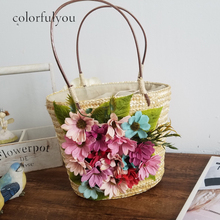 Korean Vintage Style Women Straw Bag Drawstring Beach Tote Bag Artificial Flower Woven Handbag Flower Bags With Rattan Handle 2024 - buy cheap