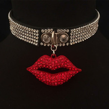 Handmade Punk Gothic Leather Choker Fetish Collar Crystal Shiny Red Lip Mouth Collar Necklace BDSM Cosplay Collar 2024 - buy cheap