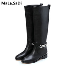 Newest Real Leather Black Motorcycle Boots Woman Round Toe Silver Chain Knee High Boots Women Fashion Shoes zapatos mujer 35-41 2024 - buy cheap
