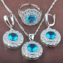 Round Sky Blue Zirconia Women's Jewelry Sets Wedding Accessories Silver Color Necklace Pendant Earrings Rings 2020 New  TZ0268 2024 - buy cheap