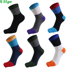 Meias de algodão 5 tamanhos, masculinas listrado contraste colorido retalhos meias de cinco dedos tamanho livre calcetinas masculinas 2024 - compre barato
