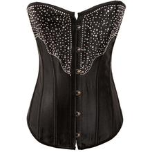 Black Beading Overbust Metal Buckle Corset S M L XL XXL Women Brand New rhinestones Bustier top + Thong Chest Binder Corselet 2024 - buy cheap