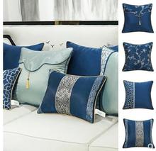 Capa de almofada azul clássico tradicional sala estar fronha lombar sofá geométrico jacquard 2024 - compre barato
