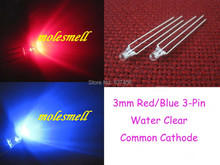 Free shipping 50pcs 3mm Dual Bi-Color Red/Blue Bright 3-Pin Led Common Cathode Leds Lamp 3mm water clear 3pin R/B led 2024 - buy cheap