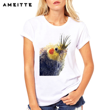 Camiseta feminina com estampa de papagaio amitte, 2019, verão, base, gola redonda, manga curta, tudo combinado, branca 2024 - compre barato