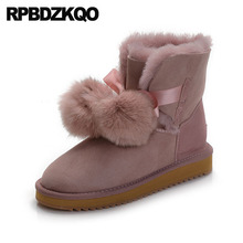 Booties Slip On Australian Winter Snow Boots Women Ankle Pink New High Quality Shoes Furry Pom Poms Sheepskin Real Fur Flat 2024 - buy cheap