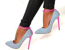 Zapatos de tacón alto de mezclilla para mujer, calzado Sexy con punta puntiaguda y correa en el tobillo, tacones de aguja rosas, 2018 2024 - compra barato