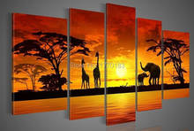 hand-painted 5 piece modern africa landscape oil painting on canvas wall art golden sunset animal pictures for living room set 2024 - buy cheap