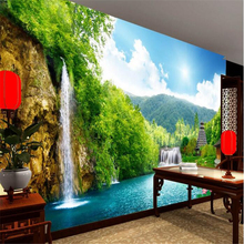 beibehang custom mural silk cloth wall sticker 3 d mountain waterfall lake tower painting photo 3d wall murals wallpaper 2024 - buy cheap