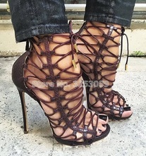 Sandália feminina da almudente cor de café, pele de cobra, stiletto, sapatos com salto cruzado, tiras, gladiador, sapatos, boate 2024 - compre barato