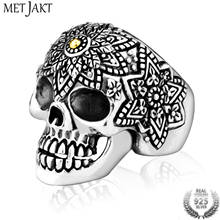 Мужское кольцо с черепом MetJakt, кольцо из стерлингового серебра 925 пробы с ручной резьбой в стиле панк, байкерские украшения 2024 - купить недорого