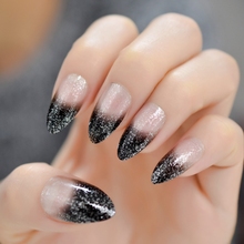 Gradiente claro preto imprensa francesa em unhas falsas dicas stiletto fácil de usar bling prata glitter oval afiada diy unhas projetadas 2024 - compre barato