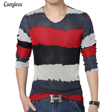 2017 New Summer Long Sleeve T shirt Men Color Stripes Breathable Mesh T-shirt V-neck Male Tee Shirts Tops Clothing Plus Size 5XL 2024 - buy cheap