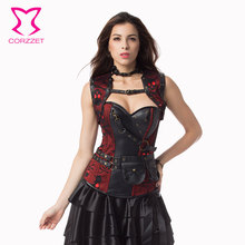 Corzzet Red/Black Skull Pattern Leather Armor Corset And Jacket Waist Trainer Steel Boned Plus Size Gothic Steampunk Clothing 2024 - buy cheap