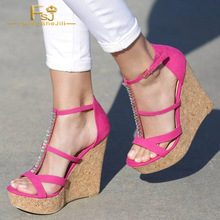 Cork Pink Rhinestone T Strap High Heels Wedges Sandals Open Toe Summer Party Date Elegant Woman Sexy Shoes Large Size 14 16 FSJ 2024 - buy cheap