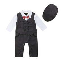 Newborn Baby Boys Gentleman Romper Formal Suit Long Sleeve Jumpsuit Tuxedo Bow Tie Hat Outfit Clothes Autumn Winter Fashion 2018 2024 - buy cheap