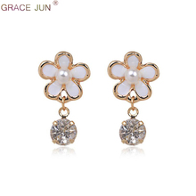 GRACE JUN Women's Clip on Earrings No Pierced for Women High Quality Enamel Rhinestone Flower Shape No Hole Earrings Wholesale 2024 - buy cheap