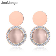 JeeMango Trendy Stainless Steel Geometry Round Opal Earrings For Women Rose Gold Rhinestone Ear Jewelry For Wedding Gift E19063 2024 - buy cheap