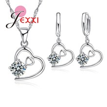 Romantic Women Wedding Engagement Jewelry Sets Creative Design Big Small Double Hollow Hearts Crystal Necklace Earrings 2024 - buy cheap