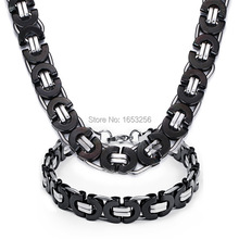 8mm / 11mm wide  Stainless steel  Flat Byzantine Chain Necklace Bracelet   Black  Men's Fashion Jewelry Set  for XMAS GIFTS 2024 - buy cheap